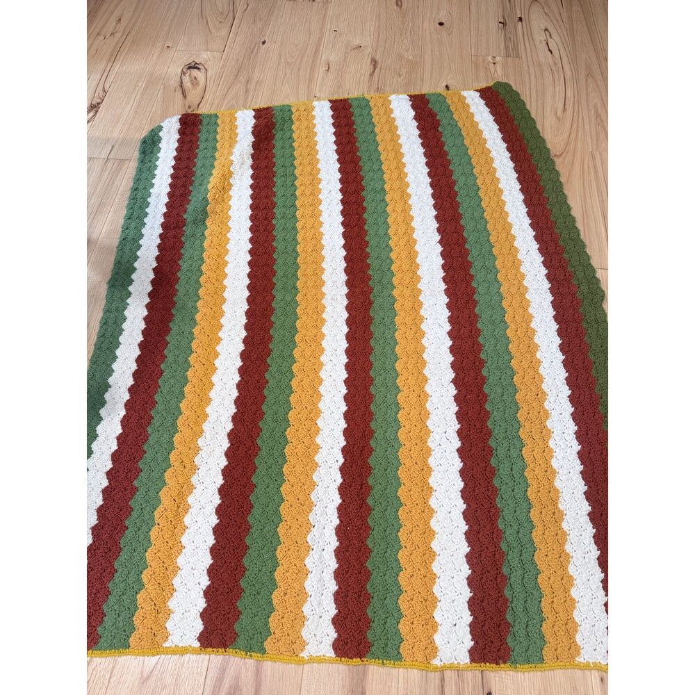 Vintage Handmade Crochet Afghan Blanket Green Rust Mustard Cream 65x50